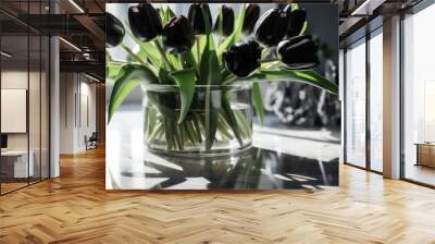 A bunch of black elegant tulips in glass vase on the marble bench top. Black flowers. Morning lights. Copy space. AI image Wall mural