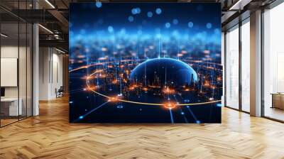 Abstract tech-futuristic backdrop. Technology, data storage, crypto, cyber security, 5G, internet, wireless network, connection, data storage, global connection futuristic concept. AI generated. Wall mural