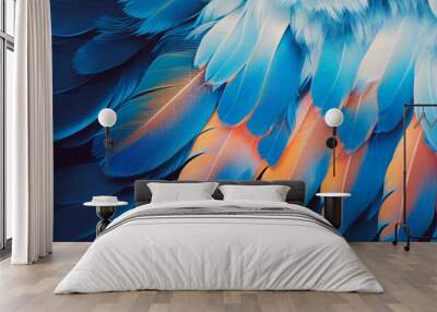 Blue and coral pink feathers. Abstract background. Fashion concept. AI generated graphic design. Wall mural