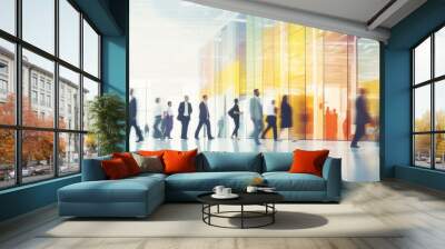 Business people walking at business center or station, or busy trade fair. Blurred colourful image. Wide banner with copy space. AI generated digital design.  Wall mural