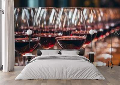 Catering, party, wine tasting concept. Glasses with red wine on the bar's bench top. AI generated image.  Wall mural