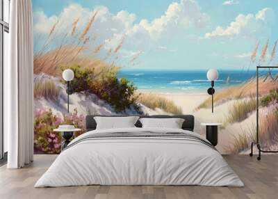 Illustration of a remote deserted beach. Ocean access. Dreamy romantic landscape in saturated pastel colours. AI generated image.  Wall mural