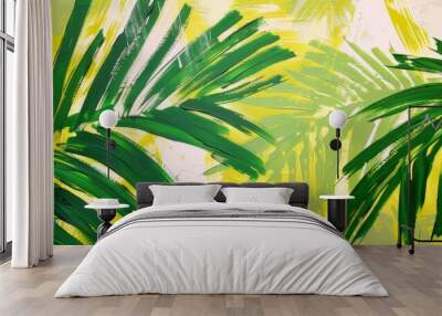 Tropical layout, lushy palm palm leaves. Summer background, hand painted artistic banner/card.  Wall mural