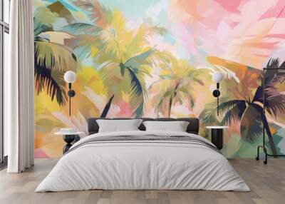 Tropical plants and palm trees, for  texture background photo wallpaper. Pastel colours. Wallpaper pattern painted in watercolour. Generative AI illustration Wall mural