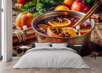 Festive mulled wine with orange slices and spices in copper pot Wall mural