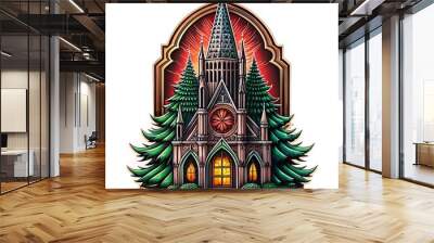 Gothic Cathedral with Christmas Trees Against Dramatic Red Sky for Holiday Celebration Wall mural