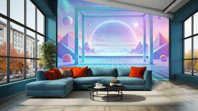 Vaporwave Abstract Frame With Geometric Patterns In Digital Style Wall mural