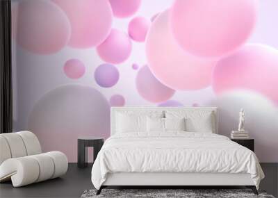 3D abstract background with geometric spheres in pastel colors. Poster with flying pink purple balls with gradient texture on lilac backdrop. Modern wallpaper with 3d shapes, pattern Wall mural