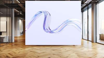 3d abstract liquid glass transparent clear ribbon wave line render. Rainbow fluid flow curve shape with dispersion light, holographic gradient texture. Flying glossy design element. 3D illustration Wall mural