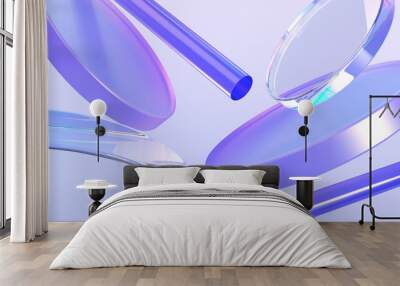 3D background with flying holographic cylinders, tubes and glass disks. Abstract geometric shapes with gradient texture, iridescent circle clear plates, futuristic design elements. 3D illustration Wall mural