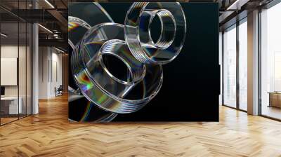 Abstract 3d liquid glass transparent rings on black background render. Clear glossy hologram gradient geometric circle shapes, iridescent dispersion objects, digital technology banner. 3D illustration Wall mural