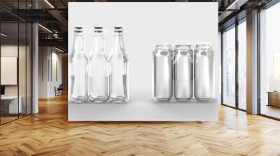 Clear bottles and tin cans in plastic wrap for soda or beer, 3d render. Realistic set of six aluminium jars and blank glass in transparent pack, drinks isolated on white background Wall mural