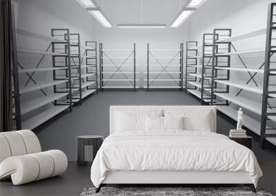 Cold room in warehouse with empty racks, white shelves on metal base. Interior of industrial storage freezer with walls, polymer floor and lamps. Refrigerator chamber in store or restaurant, 3d render Wall mural