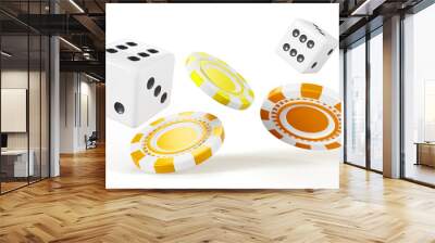 Gamble casino falling poker game chips and cube dice on white background 3d render icons. Lucky die roll with gold gambling coin money, win tokens Vegas banner. Playing online. 3D illustration Wall mural