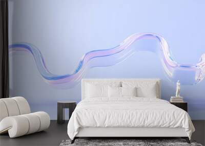 Glass iridescent ribbon, holographic curved water wave in motion 3d render. Transparent glossy crystal shape with gradient texture, flying abstract liquid isolated on blue background. 3D illustration Wall mural