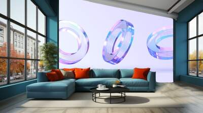 Glass or crystal ring in different angle view, 3d render. Abstract figure of geometric shape with holographic gradient texture, isolated glossy iridescent object, set of graphic icons. 3D illustration Wall mural