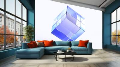 Glass translucent cube, crystal block with hologram gradient texture, 3d render icon. Clear square box with blue light refraction, abstract geometric shape, isolated graphic element. 3D illustration Wall mural