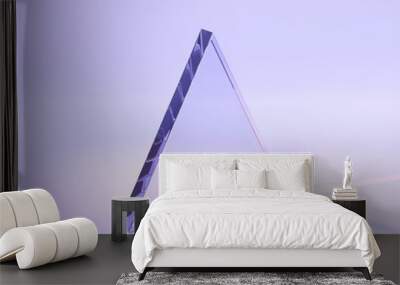 Glass triangle with rainbow effect of light refraction from prism or crystal 3d render. Clear acrylic plate, glossy panel with lens flare on purple abstract geometric background Wall mural