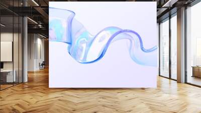 Glass wave or crystal ribbon on abstract background 3d render. Iridescent transparent geometric shape, curved liquid water form with holographic gradient texture, wallpaper, pattern. 3D illustration Wall mural