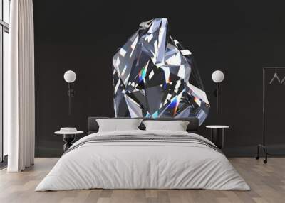 Precious transparent stone, shiny crystal or diamond isolated on black background. Iridescent jewel gemstone sapphire or quartz with refraction light in glass, raw rock mineral. Realistic 3d render Wall mural