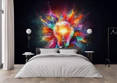 Creative light bulb explodes with colorful paint and colors. New idea, brainstorming concept Wall mural