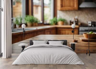 Wooden table on blurred kitchen bench background. Empty wooden table and blurred kitchen background Wall mural