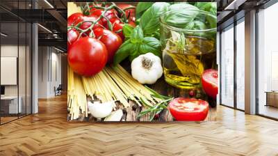 Italian Cooking Ingredients, Spaghetti,Tomates,Olive Oil and Bas Wall mural