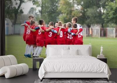 Group of soccer players celebrate the victory. The photo shows the synergy of the participants and the success that each individual has contributed. Concept is applicable to both sports and business Wall mural