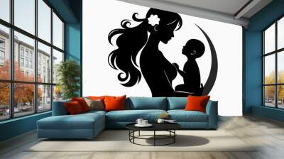 Mother holding baby silhouette, aware of Mother's Day, Mom Day, mom Love, mother with flowers, white background
 Wall mural