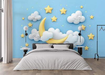 
A 3D rendering of the moon surrounded by sleeping baby clouds, dreamy gold icons, and a lullaby for those experiencing insomnia. The scene depicts either a night sky or a sky illuminated by daylight Wall mural