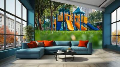 A colorful and exciting playground machine in a small children's play area, set in a backyard with green grass in the city. Wall mural