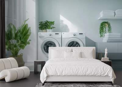 A contemporary laundry room with sleek white washing machines and touches of greenery, creating a fresh and clean atmosphere.

 Wall mural