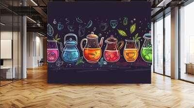 A doodle banner for tea time featuring a set of colored tea icons. Glass teapots containing various kinds of tea are depicted on a dark background Wall mural