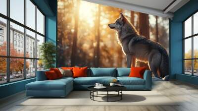 A dramatic, cinematic panoramic image of a wolf in the woods, posing in the deep forest amidst rocky, picturesque terrain. The wild predator stands in a severe Nordic environment Wall mural