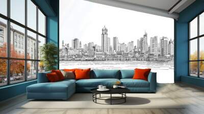 A panoramic sketch in vector art showcasing the skyline landscape of Mumbai, also known as Bombay. It highlights the characteristic buildings and monuments of the city. Wall mural