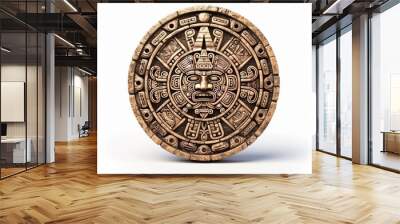 
A vector illustration depicts the Mayan calendar, an ancient Mexican round stone adorned with hieroglyph symbols. This iconic artifact from Aztec culture represents their religion, Wall mural