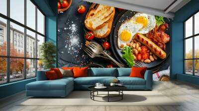 An English breakfast featuring fried eggs, bacon, sausages, beans, toast, and fresh salad, offering a hearty and satisfying meal to start the day. Wall mural