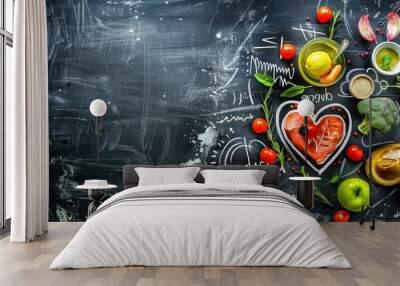 Heart-shaped healthy foods with a heart rate drawing on a chalkboard, showing a health idea. Wall mural