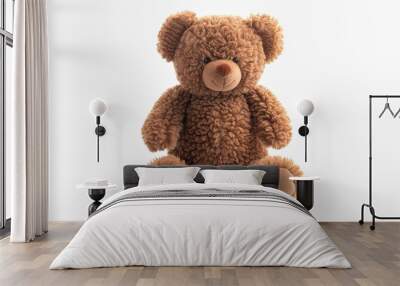 
Picture a standing brown teddy bear plush toy, perfectly isolated against a clean white background. Its soft fur and friendly expression make it an irresistible companion for children  Wall mural