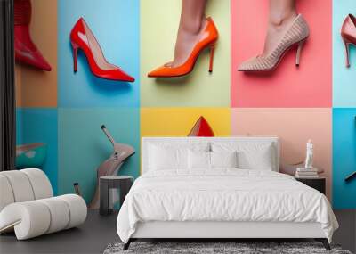 The collage features a collection of stylish high-heeled shoes set against colorful backgrounds. This vibrant composition showcases the diversity Wall mural