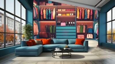 The front view presents a modern and large wardrobe situated in a dressing room. Inside, fashionable women's clothes, shoes, and a bag are neatly organized. Wall mural