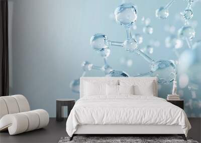 Vector 3D illustration of glass molecules or atoms arranged on a light blue background. This concept represents biochemical, pharmaceutical, beauty, and medical themes, making it ideal for science or  Wall mural