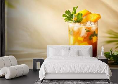 A bold Sangrita cocktail in a clear tumbler, garnished with mango slices and cilantro, against a sandy beige background with delicate gold decorative accents Wall mural