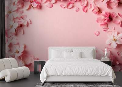 A circular frame of cherry blossom petals, gently scattered on a soft pastel pink background with clean minimalist design Wall mural