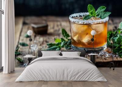 Amaretto Sour with ice cubes, isolated on a rustic wooden background with sprigs of fresh mint and a sugar rim Wall mural