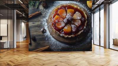 Tarte Tatin with caramelized fruit and a glossy finish on a natural wood board, with powdered sugar and cinnamon sticks Wall mural