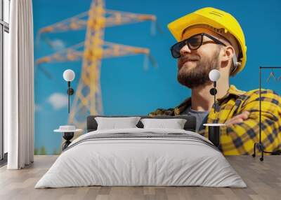 A construction worker wearing a yellow hard hat and sunglasses stands confidently with arms crossed, smiling in front of tall power lines against a bright blue sky Wall mural