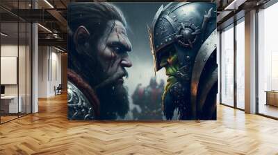 Battle of orcs and paladins, the world of warcraft. A man and an orc face to face, the confrontation of the warriors. Orcs and men in armor Wall mural