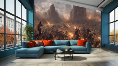 Fantasy medieval battle of the warriors of good and evil. Battlefield is on fire, deadly battle of ice and flame. 3d illustration Wall mural