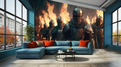 Knights on battlefield after victory. Everything is on fire. Knights are a warrior in armor and helmets. Medieval Fantasy Battle Wall mural